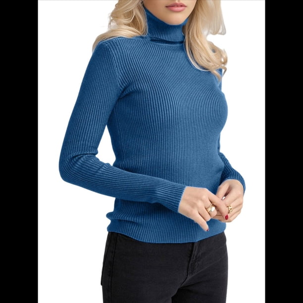 Suéteres Acanalados para Mujer, Lindos Suéteres de Punto de Cuello Alto, Ajustados y Cálidos Azul Vaquero un Tamaño