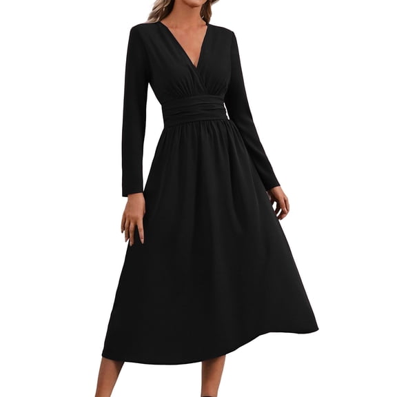Ovbmpzd Fall Midi A-Line Dresses for Women Long Sleeves Black Pleated Elegant Wedding Guest Dresses Casual Smock Waisted V Neck Dresses