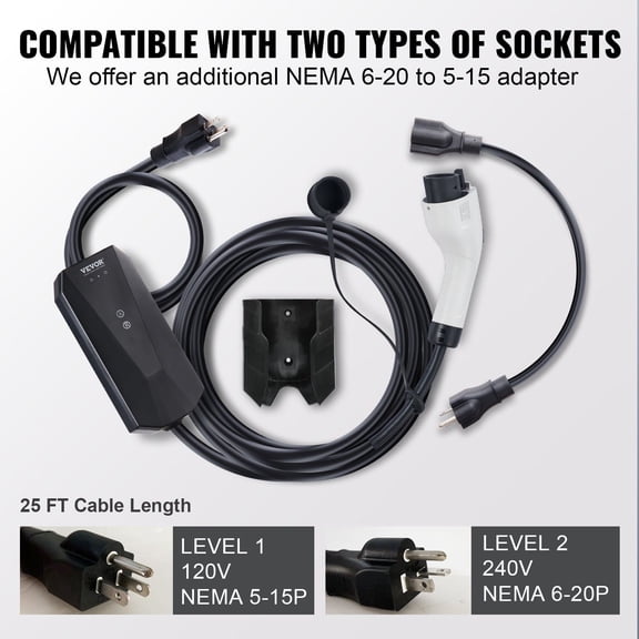 16 Amp Portable EV Charger, 120V/240V Dual Voltage with 28ft Cable, NEMA 6-20 Plug & 5-15 Adapter for J1772 Electric Vehicles - Home Travel Charging