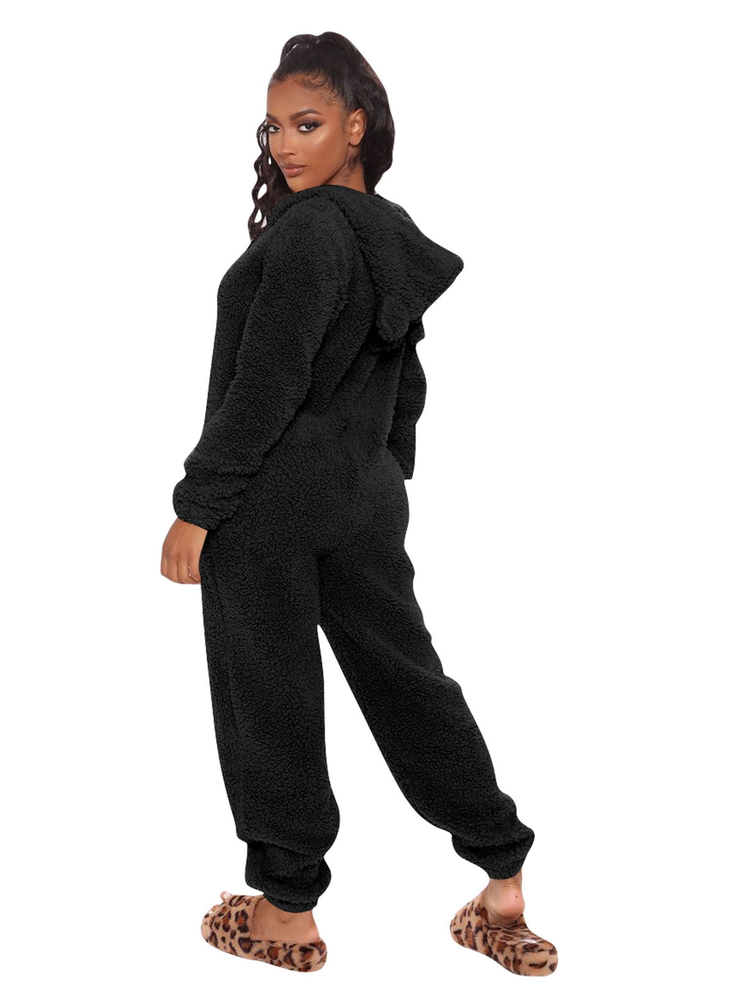 Women Winter Thermal Fleece Jumpsuit Long Sleeve Zip Up Hooded