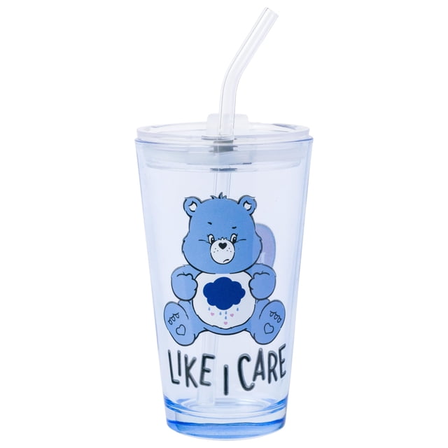 Silver Buffalo Care Bears Grumpy Bear Like I Care Vaso De Pinta Con Tapa Y Pajita De Cristal, 16 Onzas