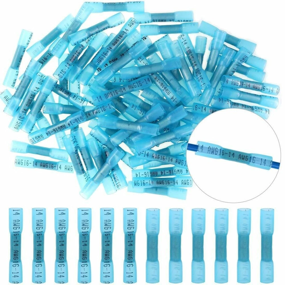Blue Heat Shrink Butt Wire Connectors Crimp Terminals AWG 16-14 Gauge US