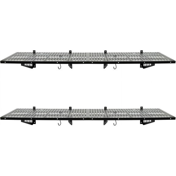 2 Pack Garage Shelving with Hooks Garage Shelving Wall Mounted Wall Shelf Storage Rack, Bike Rack Wall Rack Floating Shelves (24 * 72in-560lbs-4 Hooks-Black)