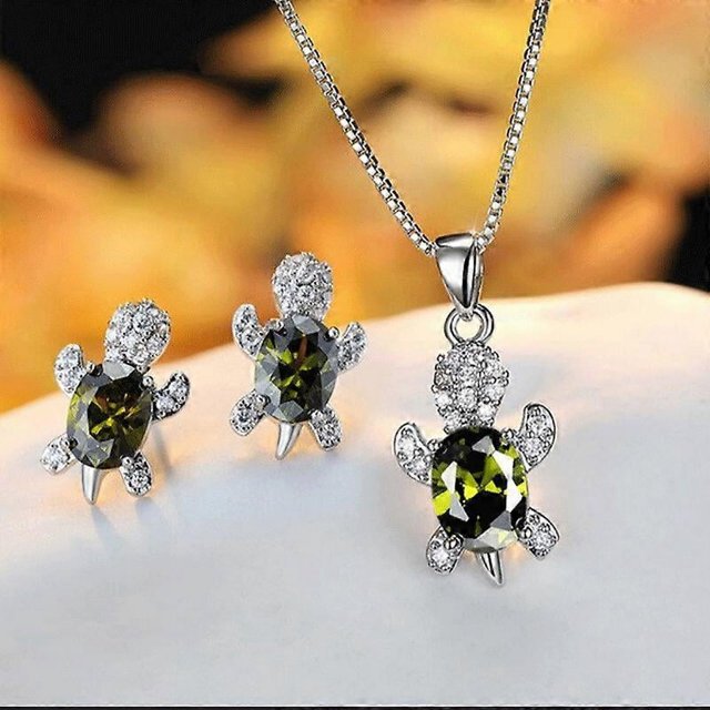 Conjunto de collar y pendientes de tortuga para mujeres y niñas, con cristales de imitación, bonito animal de joyería, regalo para cumpleaños y Navidad.