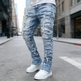 thumbnail image 2 of Men's Straight Leg Stretch Jeans | Light Wash Distressed Frayed Denim | Ripped Detail | 4-Way Flex | Standard & Big & Tall Sizes | Trendy Streetwear Jeans for Men, 2 of 7