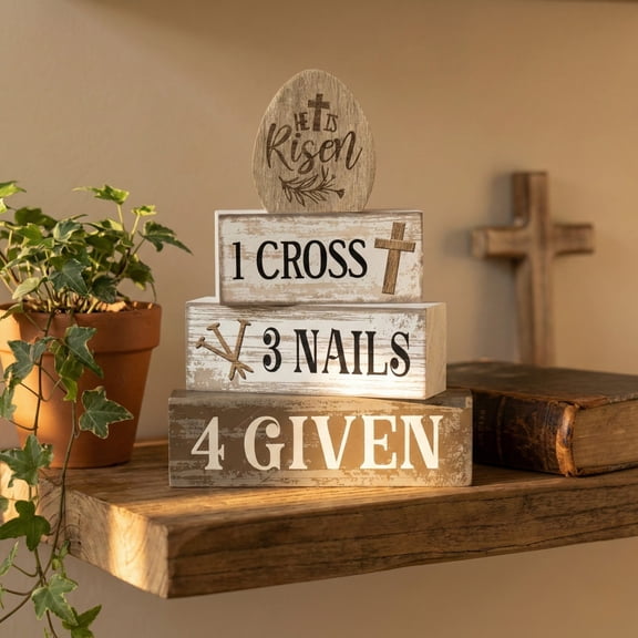 4 Pcs He Is Risen Easter Tiered Tray Decor, "1 Cross 3 Nails 4 Given" Religious Wood Sign Set, Rustic Farmhouse Stacked Blocks for Christian Home Tabletop Decoration