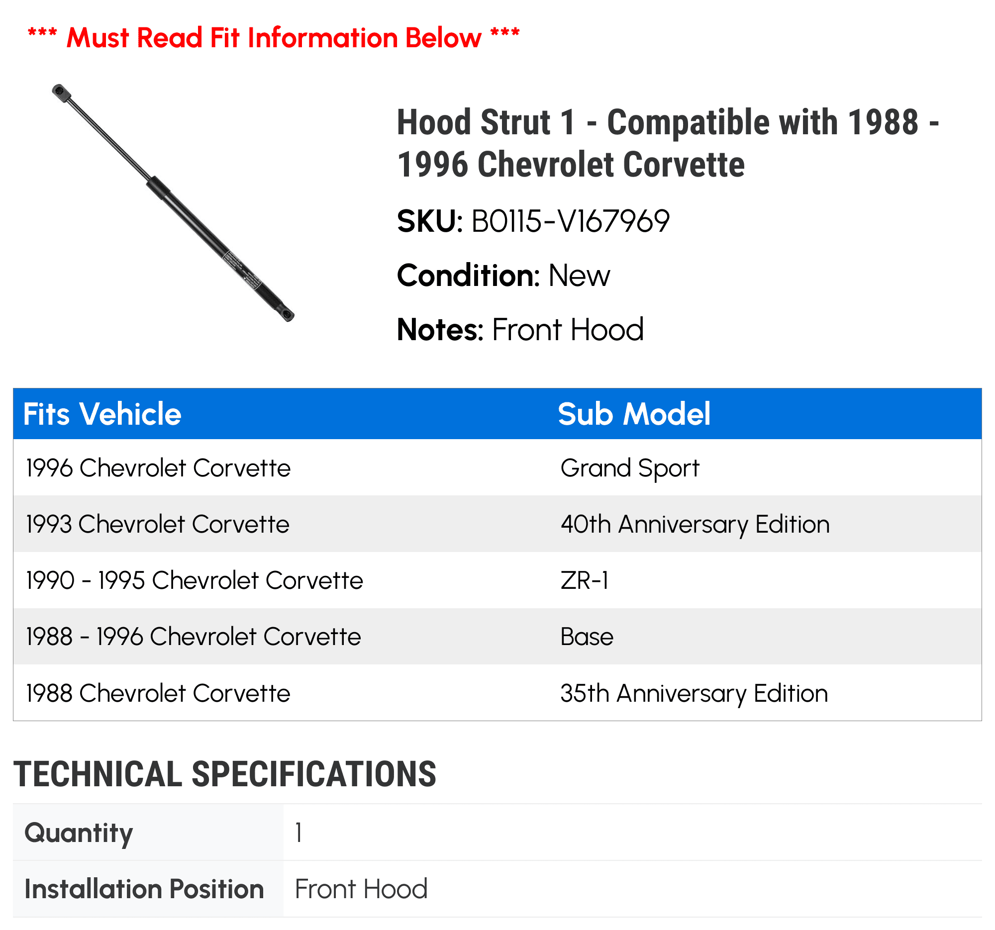 Hood Strut 1 - Compatible with 1988 - 1996 Chevrolet Corvette - Autopart Premium