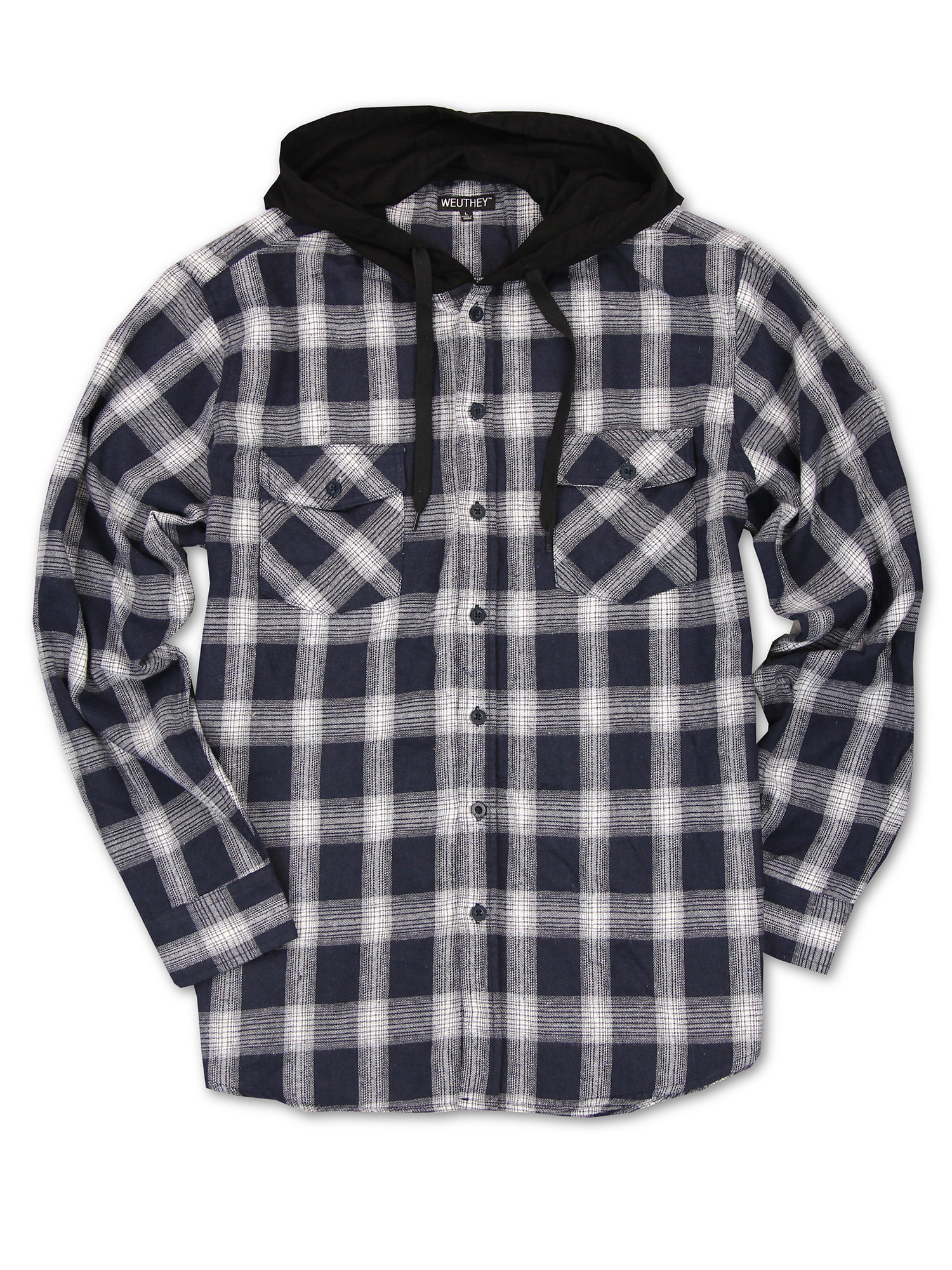 Men's Buffalo Plaid Hooded Flannel Shirt (Navy/White, X-Large)