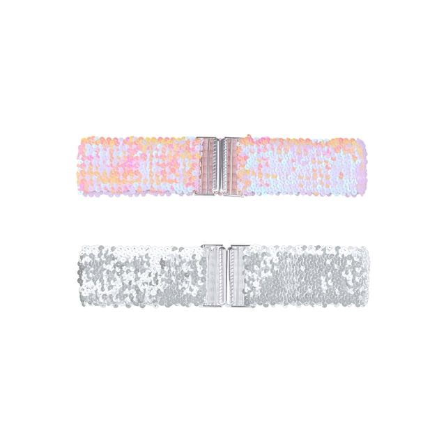 Cinturones Anchos Brillantes para Mujeres INSPIRE CHIC con Hebillas de Interconexión y Decoración de Lentejuelas, Cinturones Elásticos 2PCS Clavel