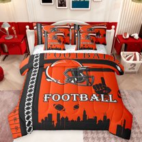 jejeloiu Boys Ball Game 7 Pieces Bedding Comforter Set,Football Sport Lovers Full Bedding Set,Orange Rugby Helmet Fitted Sheet Flat Sheet For Boys,Breathable Home Decor Reversible