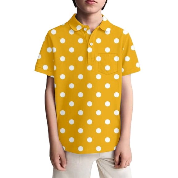 Rggeeun Boys Child T-Shirts Short Sleeve With Polka Dots Print Lapel Collar Knit Casual For Kids Comfortable Daily Wear Childrens Stylish Tee,Yellow,3-4 Years