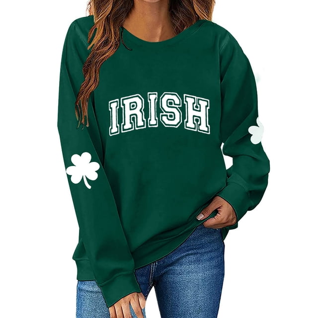 Besolor Chandail en Molleton pour Femmes St Patricks Day Trèfle Imprimé Manches Longues Pull Décontracté Col Rond Graphique