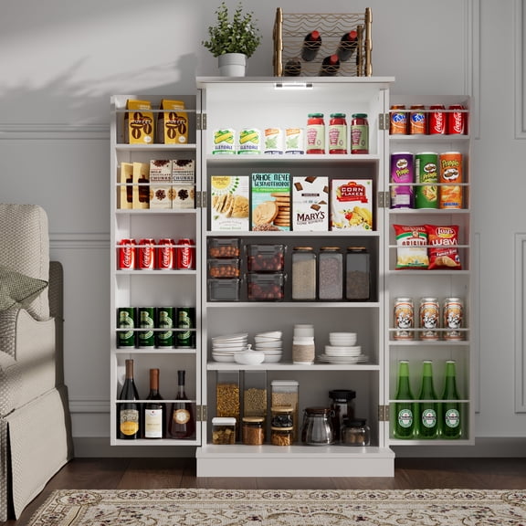 50" Tall Food Pantry Storage Cabinet with Barn Door, Farmhouse Kitchen Pantry Cabinet with Adjustable Shelves