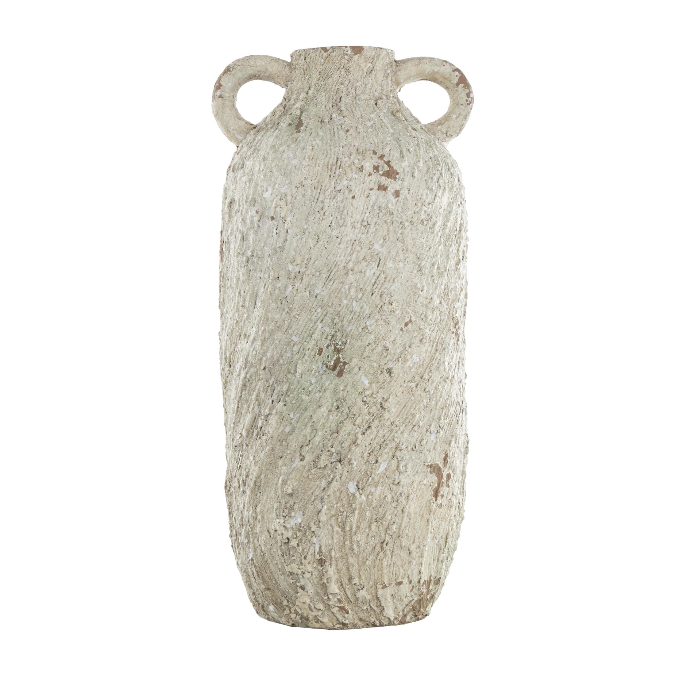 DecMode 15" Antique Textured Amphora Cream Magnesium Oxide Vase with 2 Small Handles