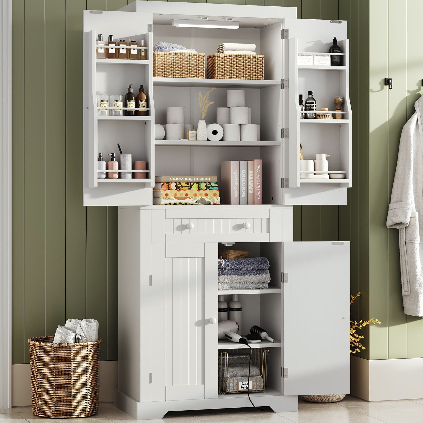 Bestier 72" Tall Kitchen Pantry Storage Cabinet with Doors and Shelves, Food Pantry Cabinet with Motion Sensor Light, White