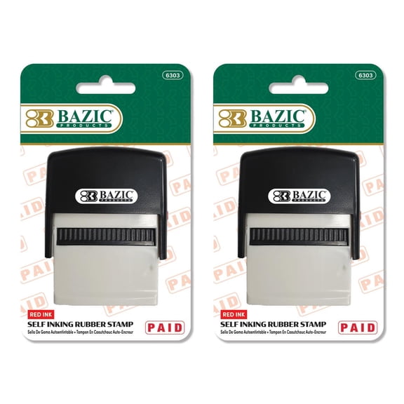 BAZIC Products Paid Self-Inking Stamp with Red Ink for Office, Business, and Documents, Easy Refillable Pad, Crisp & Clear Impressions, 2-Packs