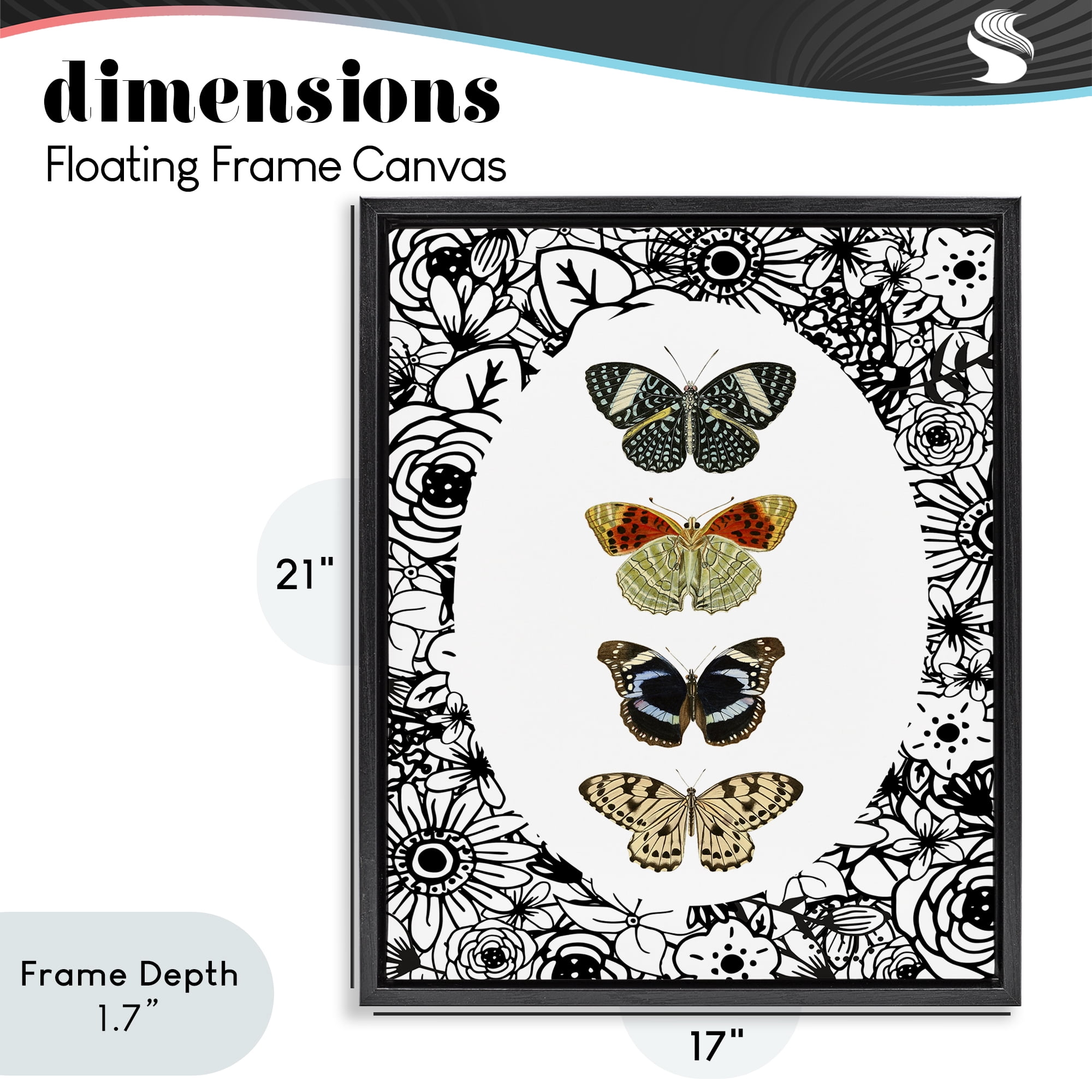 Stupell Industries Floral Butterfly Lineup Black Framed Floater Canvas Wall Art, design by Dan Meneely