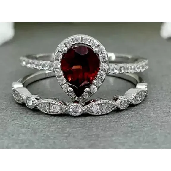 2.40Ct Pear Cut Lab-Created Red Ruby Bridal Band Set Ring 14K White Gold Plated