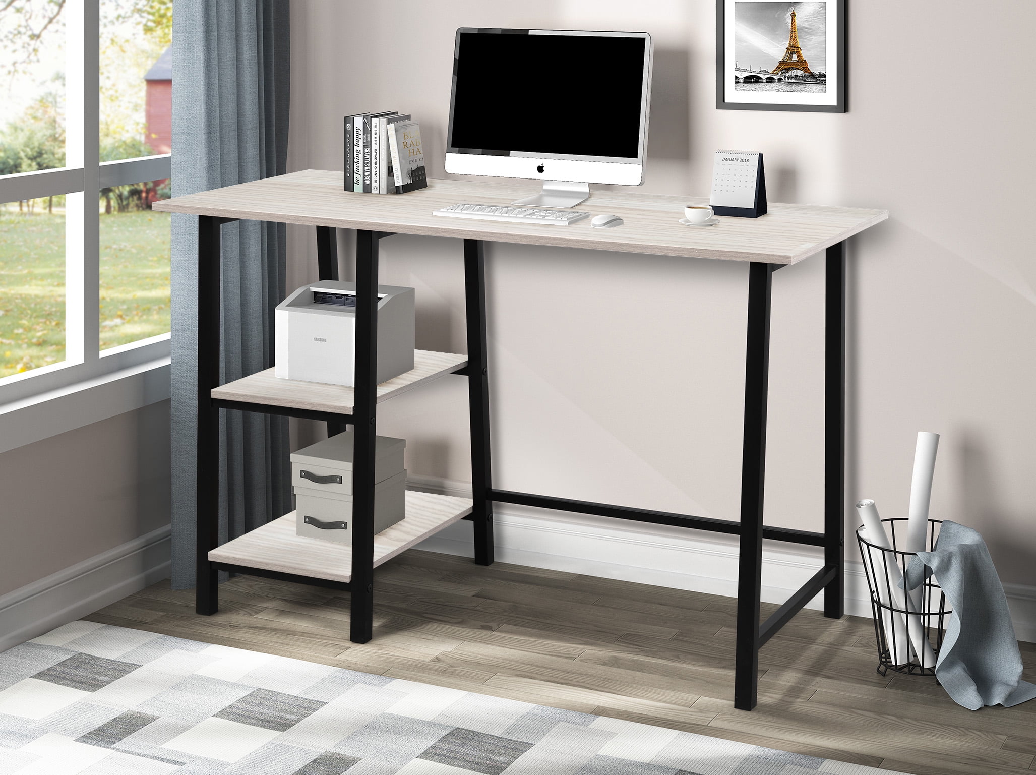 White Computer Desk Metal Office Student Desk with 2 Side Shelves Storage 