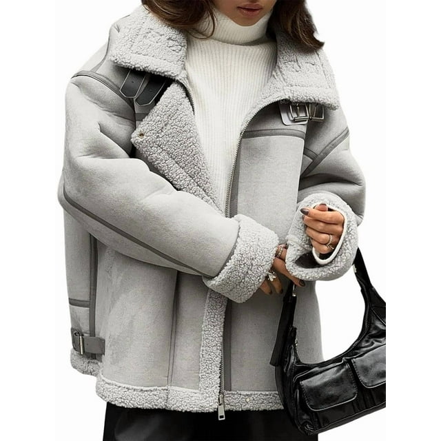Women Winter Faux Fur Coats Thickened Shearling Patchwork Street Biker Wool Jacket Grey M