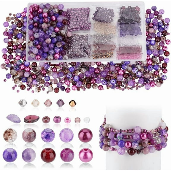 1152Pcs 13 Styles Glass Beads for DIY Jewelry Making Kit Mixed Purple Glass Bracelet Making Beads with Holes Round Loose Bead Set for DIY DIY Crafts Necklaces Anklets Earrings