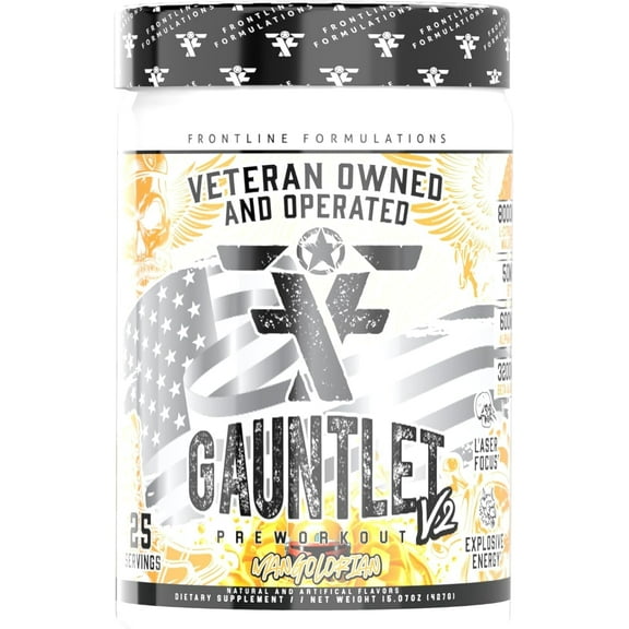 Frontline Formulations Gauntlet Pre-Workout Powder, Energy & Endurance, (25 Servings, Mangolorian)