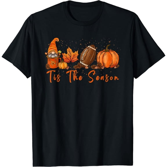 Tis The Season Pumpkin Leaf Latte Fall Thanksgiving Football T-Shirt Black Small
