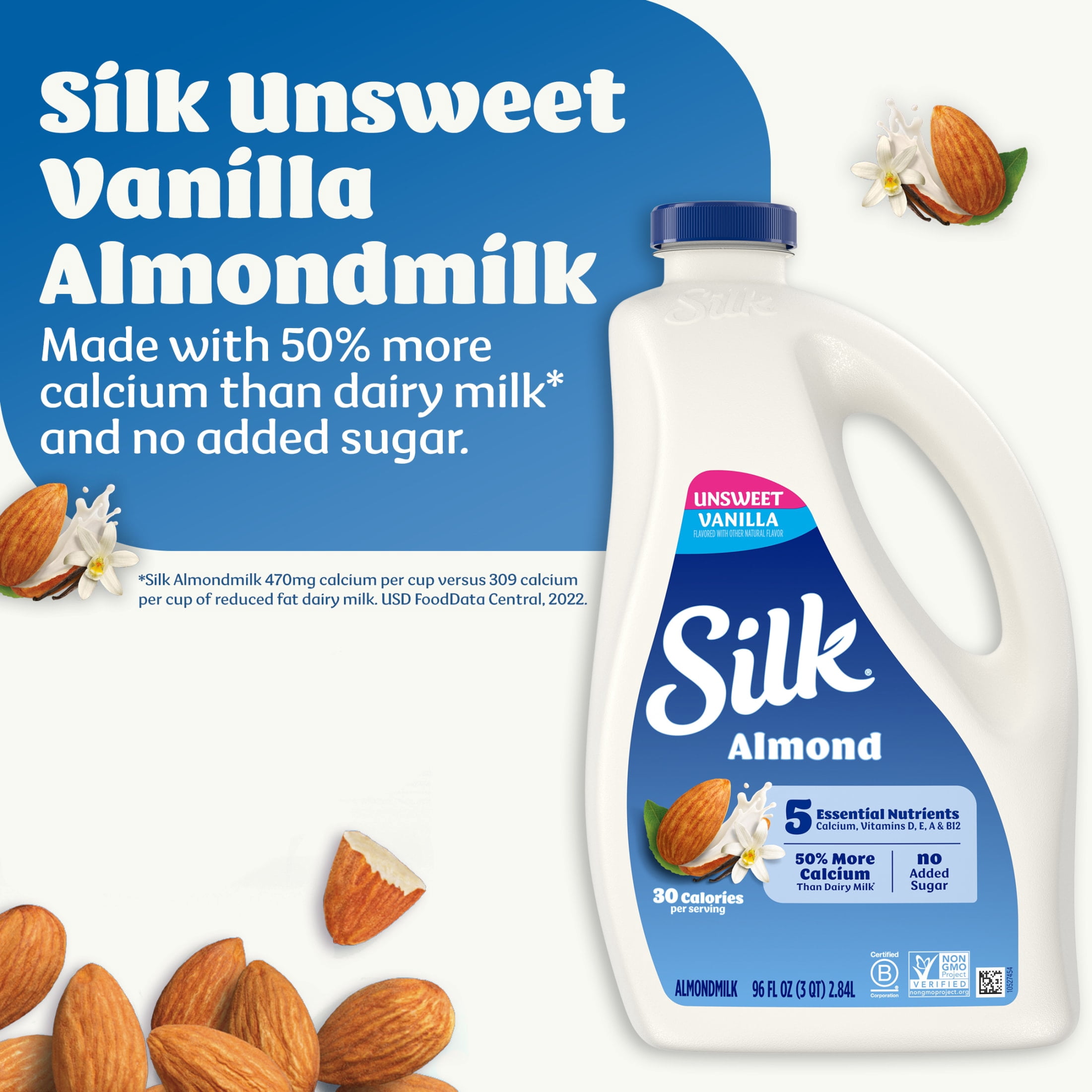 Silk Dairy Free, Gluten Free Unsweet Vanilla Almond Milk, Plant Based Milk Bottle, 96 fl oz