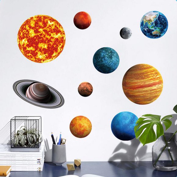 Autocollant Mural Décoratif en PVC Étoiles Planètes Murales pour Chambre à Coucher Amovible
