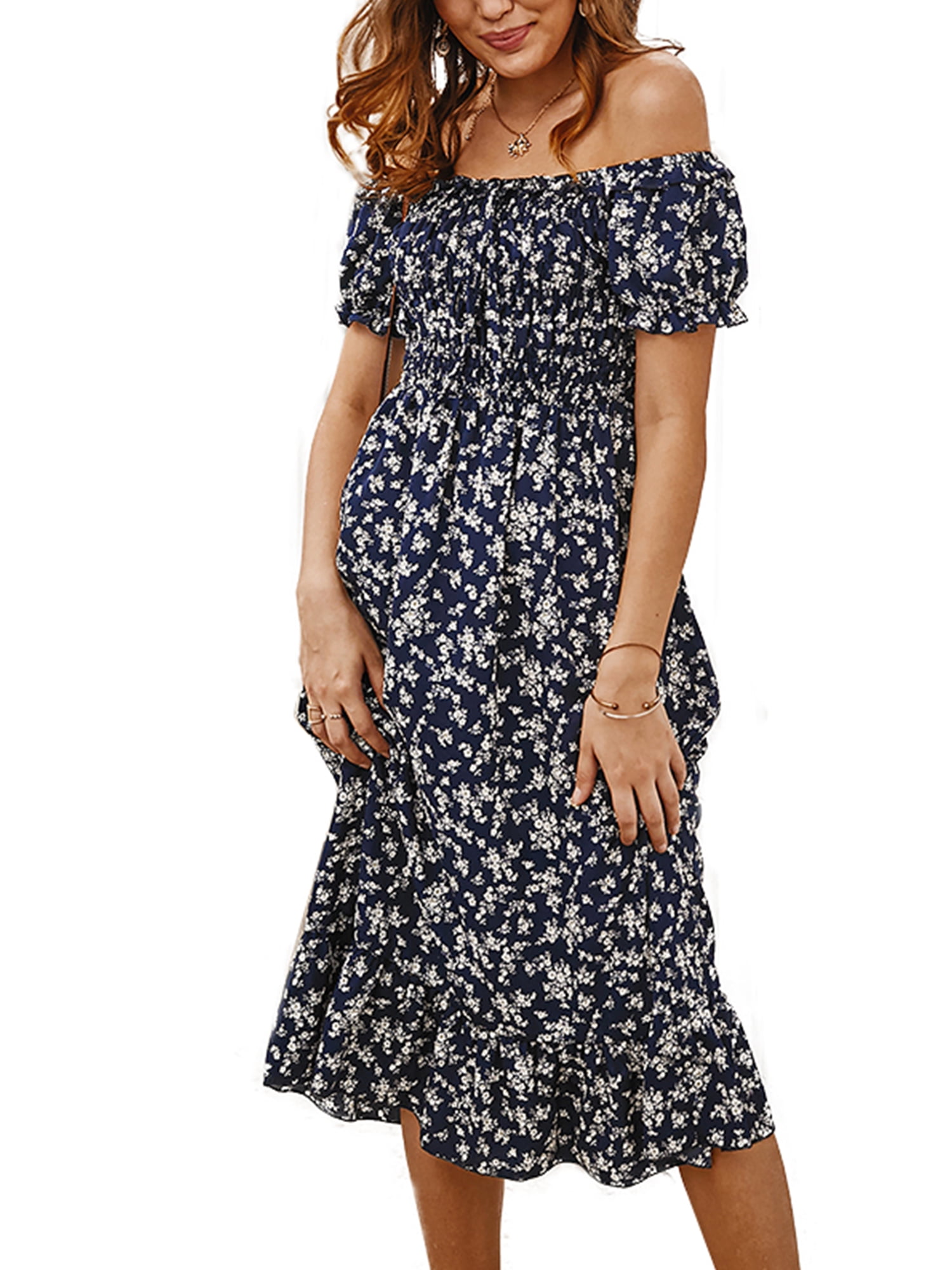 Wodstyle - Women's Off Shoulder Party Boho Sundress Floral Short Sleeve Elastic Midi Dress 