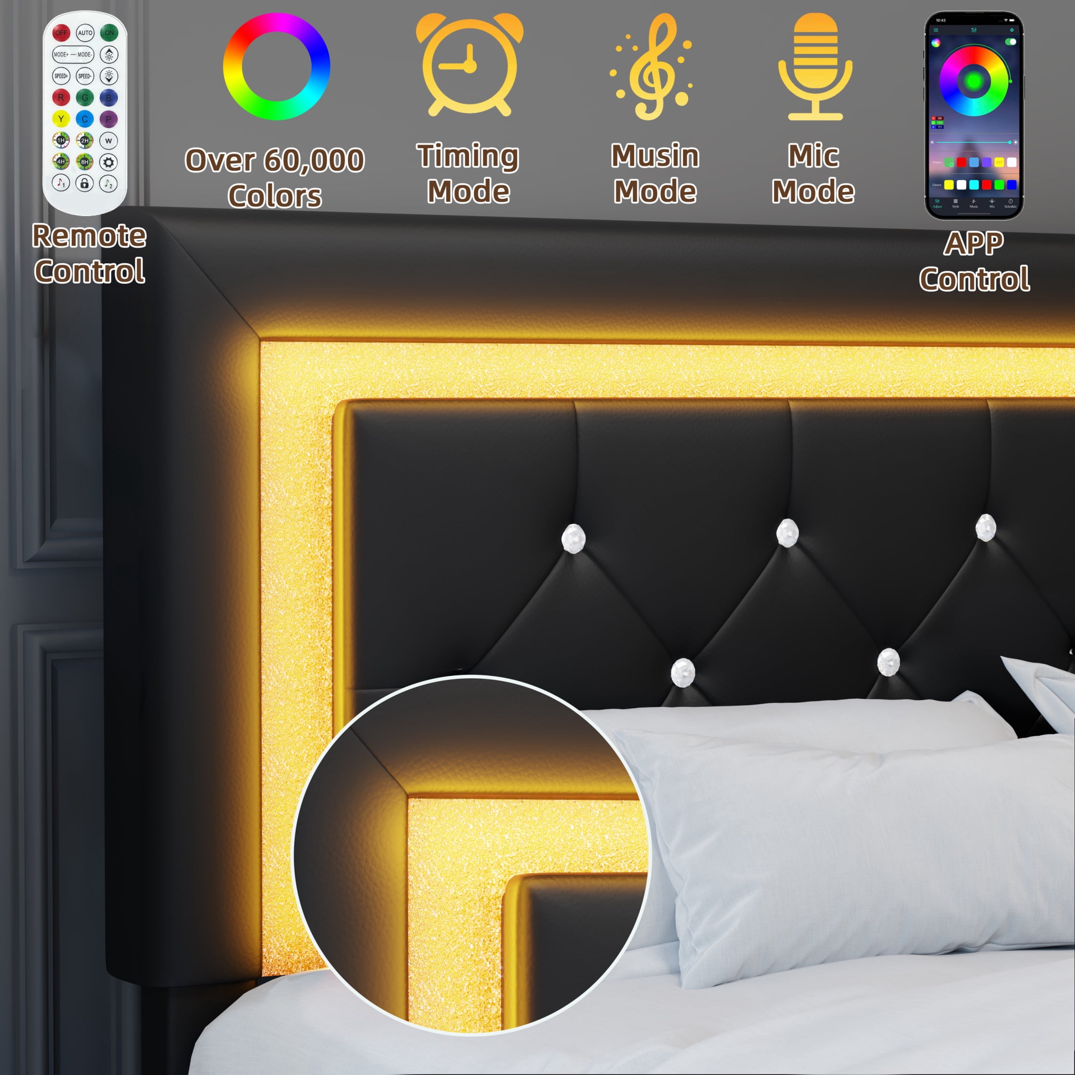 Noble House Elliana Full Size Upholstered Floating Platform Bed Frame with Diamond Tufted Headboard, LED Lights, Black