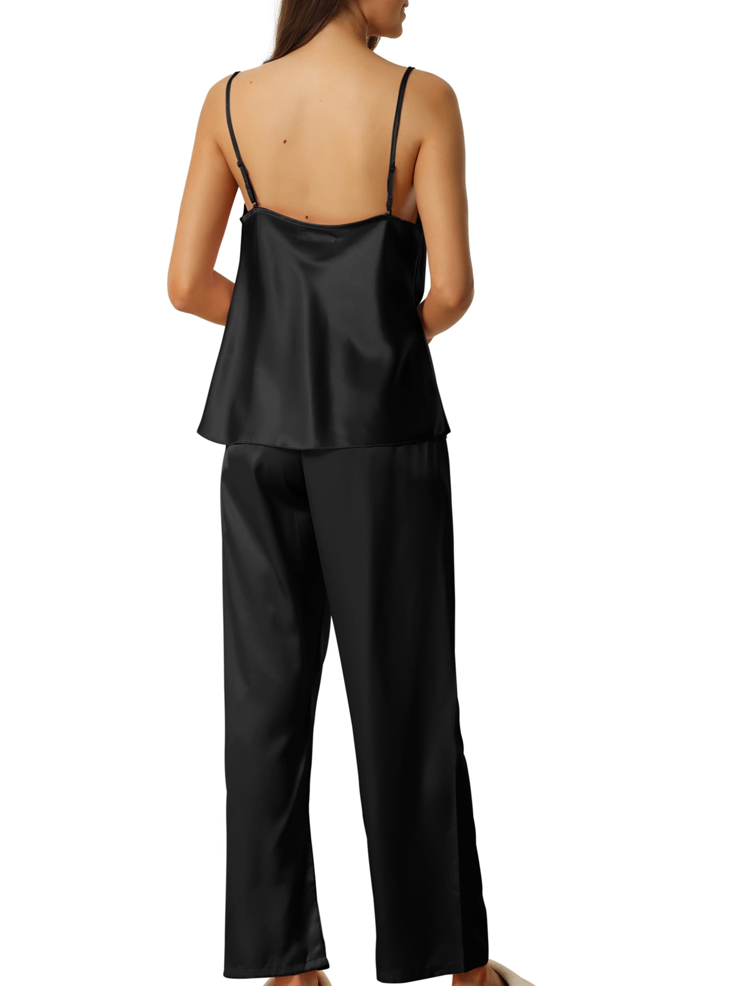 Unique Bargains Womens Satin Cowl Neck Cami Top with Long Pant Loungewear Pajama Set Black S