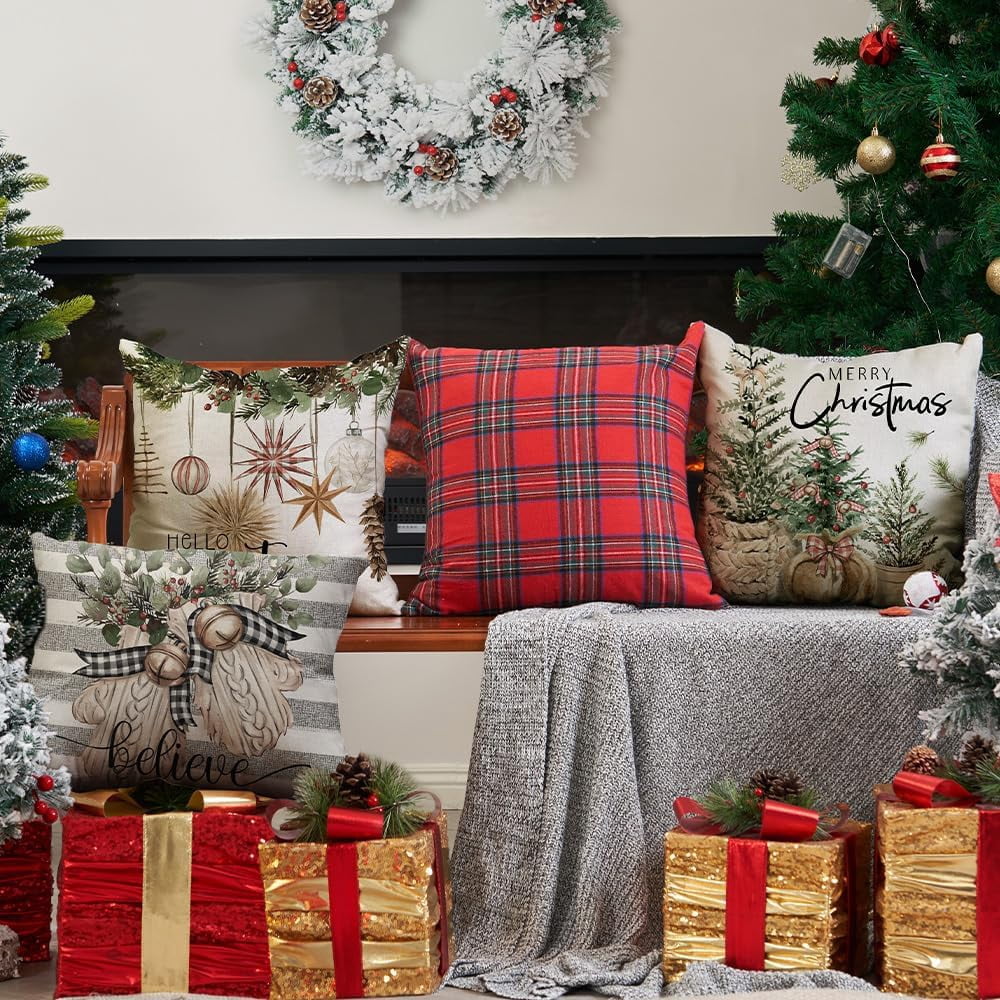 Christmas Pillow Covers 20x20 inch Set of 4 Christmas Tree Gloves Hello Winter Decorative Stripe Throw Pillow Covers Winter Farmhouse Decoration for Home Couch