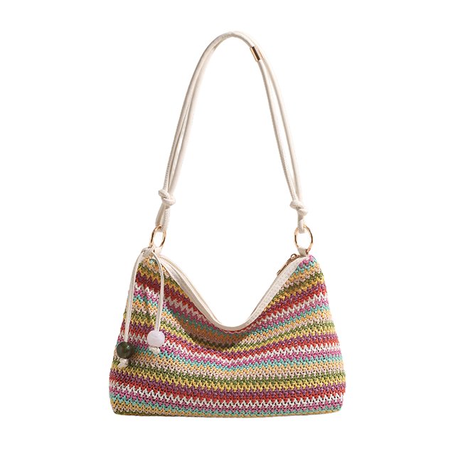 Bolso de playa de paja arcoíris, bolso de mano colorido, bolso de viaje tejido para mujer