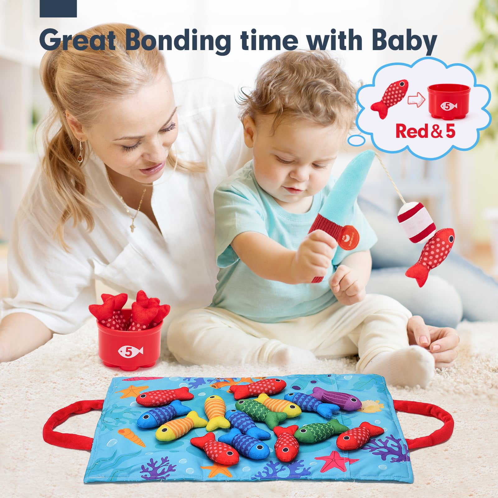 ToyM Toddler Toys Montessori Toys for 1 Year Old Boy Girl Birthday Gift, 10 in 1 Cloth Fishing Game with Stacking Cups- Number Counting, Color Sorting, Shape Learning Easter Gifts Toddler Boy