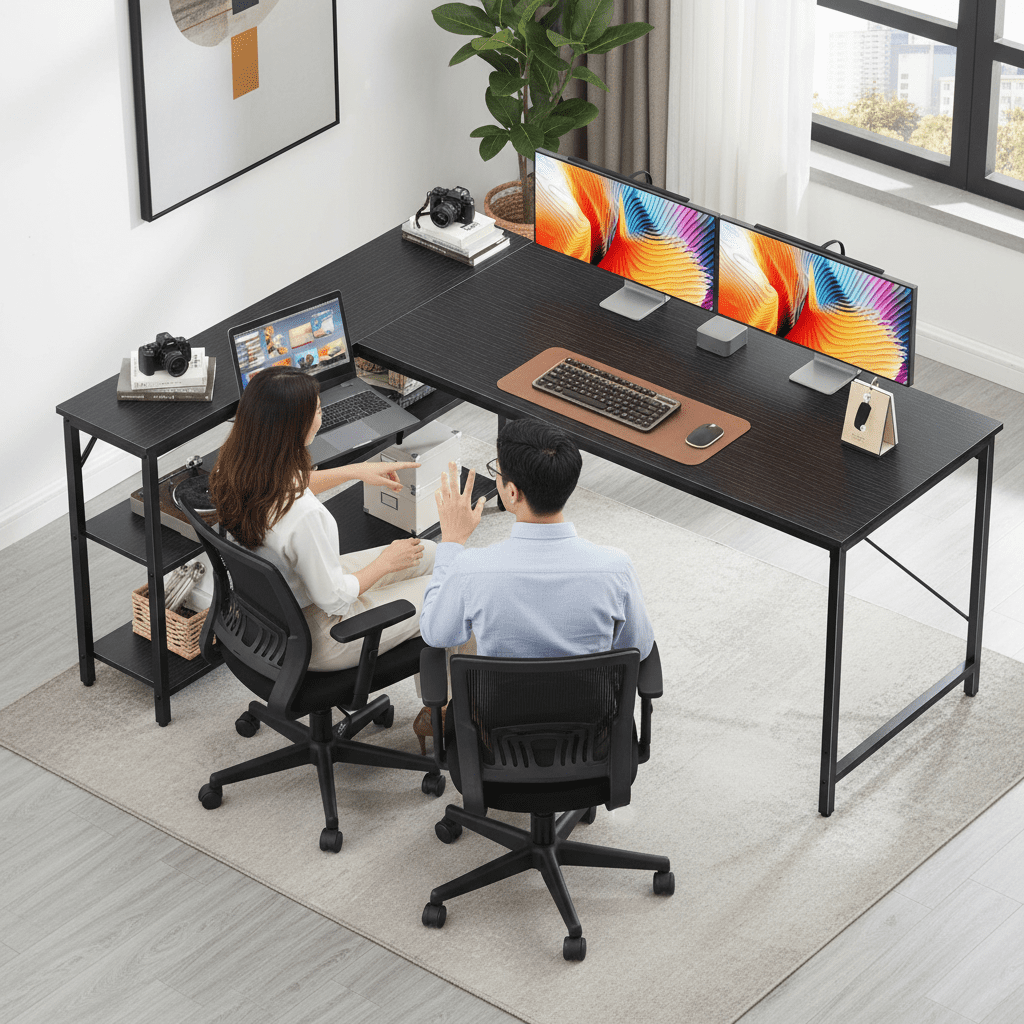 CONCETTA 55 inch L Shaped Desk with Reversible Storage Shelves, 154 lbs Capacity Computer Corner Desk for Home Office, Gaming & Writing, Black
