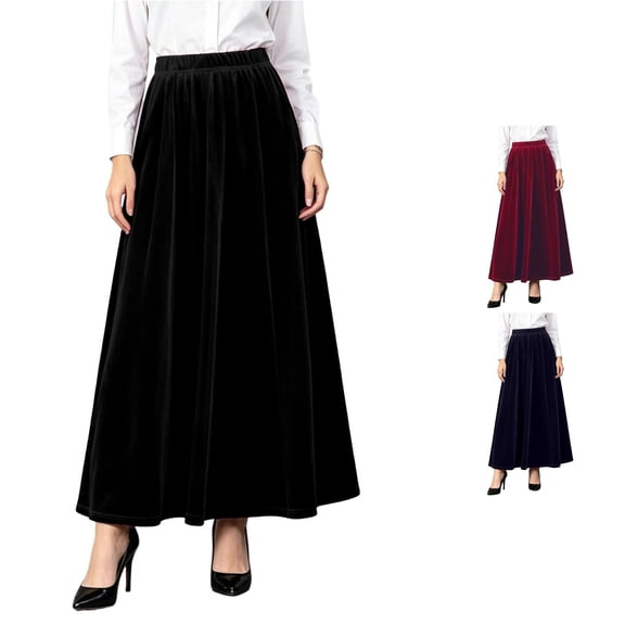 Wxolcjlv Womens Velvet Maxi Skirt Elastic Waist Pleated Full Cut Skirts
