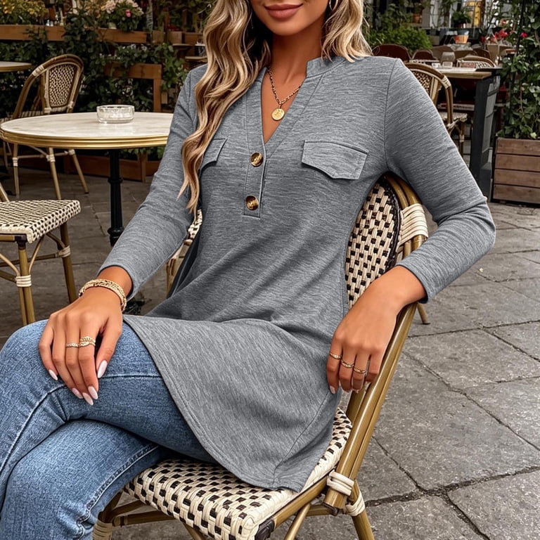 YHAJDS Womens Long Sleeve T Shirts Fall Basic V Neck Fake Pocket Tunic ...