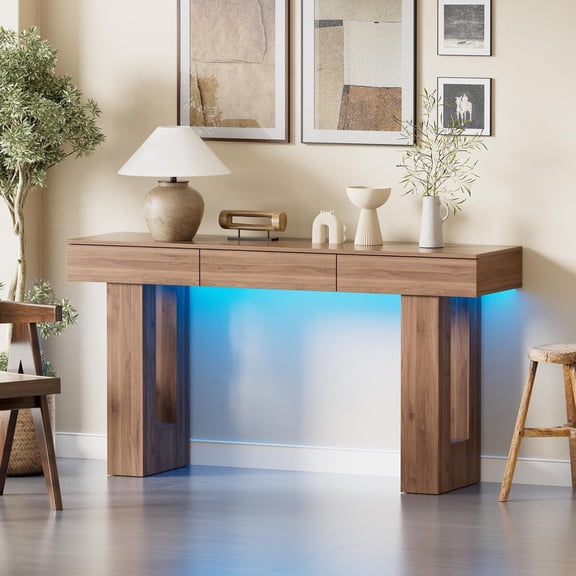 PakaLife 63" Extra Long Console Table with LED Lights and 3 Drawers, Wooden Sofa Table Behind Couch, Farmhouse Entry Table Foyer Hallway Table, Console Sofa Table for Entrance, Hallway, Living Room