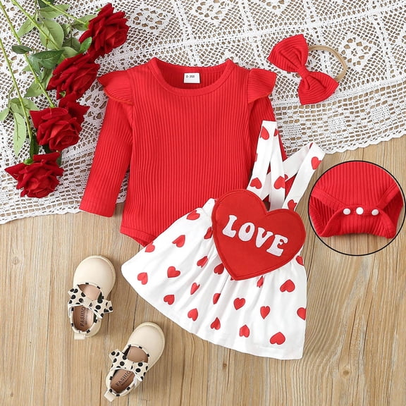 Girls Valentines Day Outfit Long Sleeve Heart Print Romper Bodysuit Suspender Skirts and Headband Set Cute Baby Girl Clothes Outfit 6-9 Months