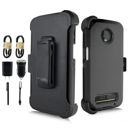- VALUE PACK + For Motorola Moto Z3/Z3 Play Holster Hybrid Layers Shock Resistant Design Protective Phone Case with Built-in Screen Protector and Kickstand (Black)
