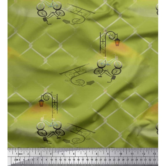 Soimoi Cotton Voile Fabric Street Lamp,Bicycle & Iron Net Vintage Printed Fabric 1 Yard 42 Inch Wide