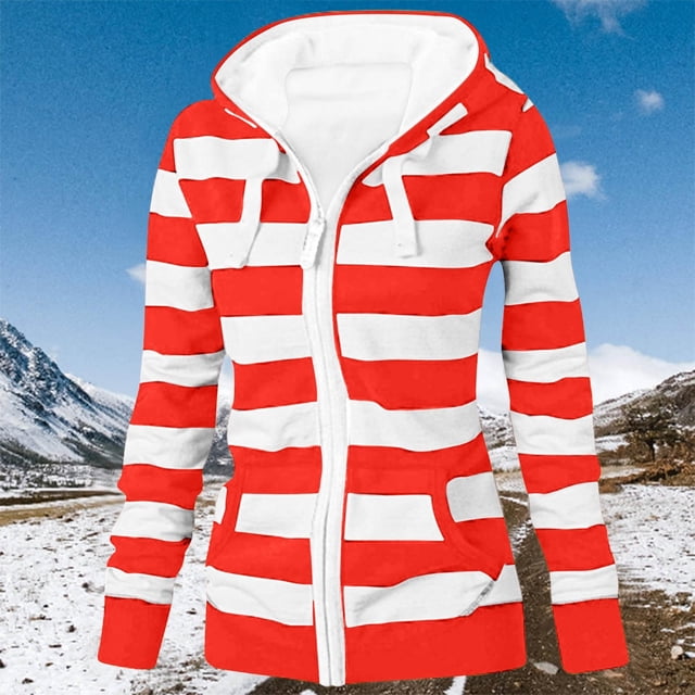 WRKEKC Cardigan à Capuche à Imprimé Rayé, Fermeture Éclair devant, Poches Kangourou, Style de Rue, Confort, Tailles Plus, Rouge 3TG