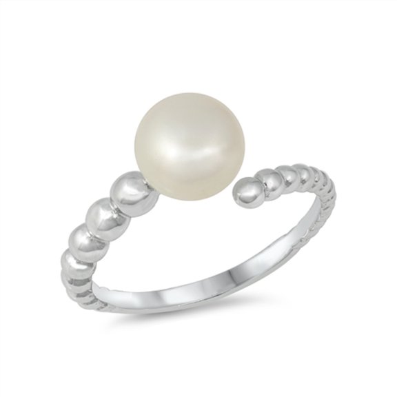 Simulated Pearl Plain Graduated Beaded Open Ring Sterling Silver Size 6