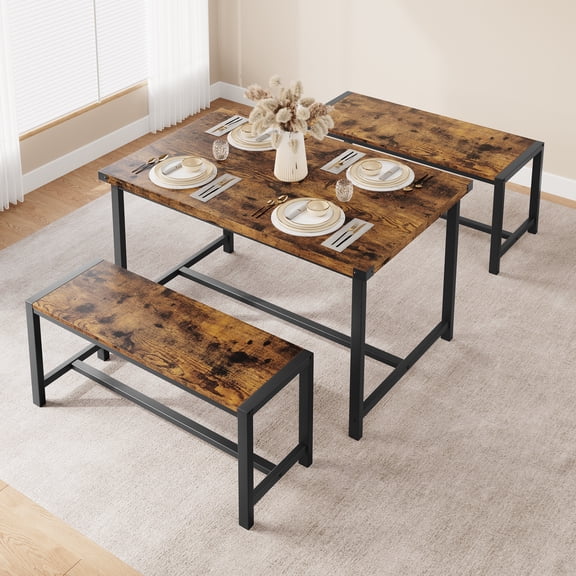 Dining Table Set for 4, Kitchen Table and Chairs for 4 with Wine Rack, Rectangular Dining Room Table Set with 2 Benches, 3 Piece Dining Table Set for Small Space, Apartment, Studio, Rustic Brown