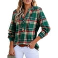 thumbnail image 3 of Women'S V Neck Plaid Shirts Dressy Casual Button-Down Business Work Boho Tops Long Sleeve Fall Outfits Dark Green XL, 3 of 9