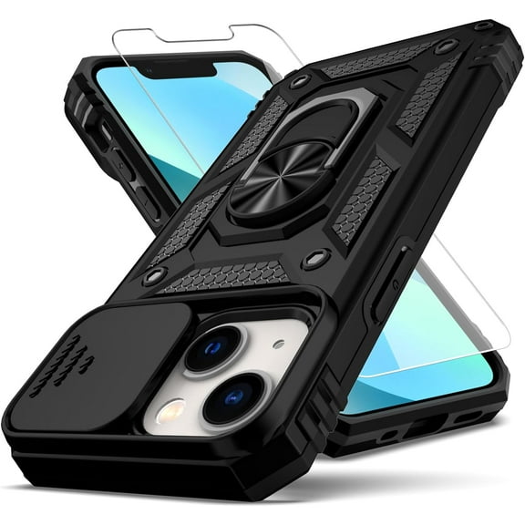 for iPhone 12 Mini Case,with Slide Camera Cover HD Screen Protector,[Camera Protection] [Magnetic Rotate Kickstand] Military Grade Shockproof Heavy Duty Protective Case for iPhone 12 Mini-Black