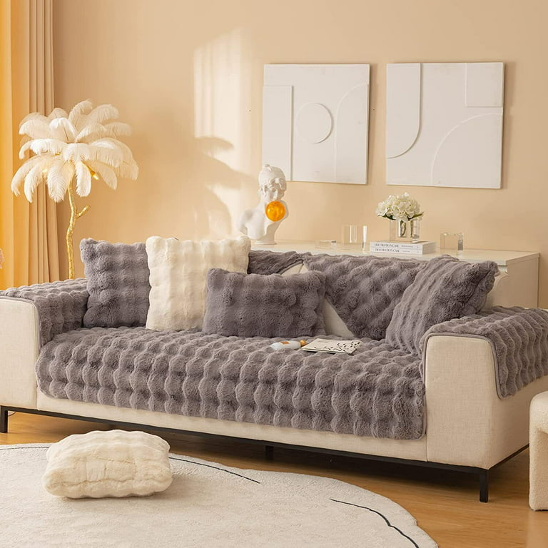  soputry Thick Rabbit Plush Sofa Cushion, 2023 New Non-Slip Sofa  Cover Super Soft Faux Fur Throw Pillow Cover, Fluffy Couch Cushion Covers  Furniture Protector (Beige, Sofa Cushion 70 * 210 cm) 