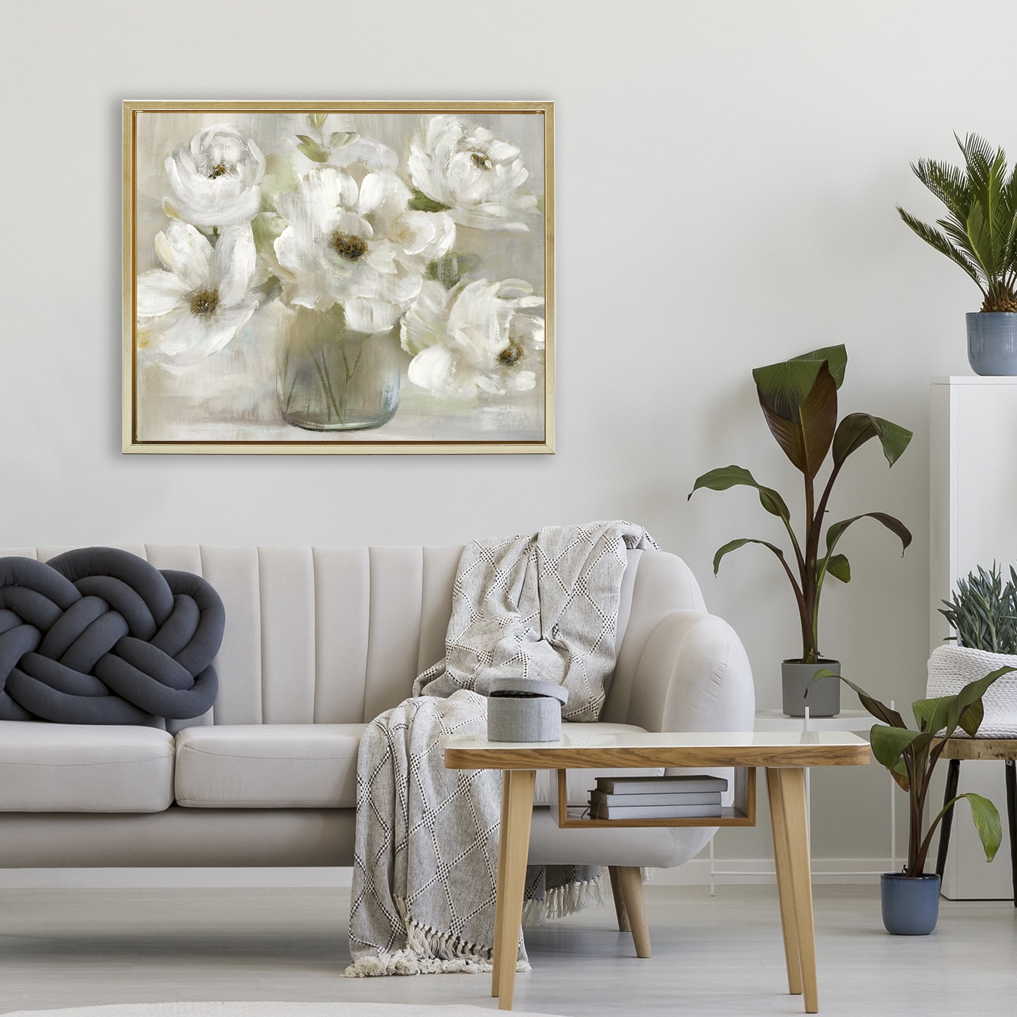 Stupell Industries Gentle White Petals in Vase Gold Framed Floater Canvas Wall Art, design by Nan