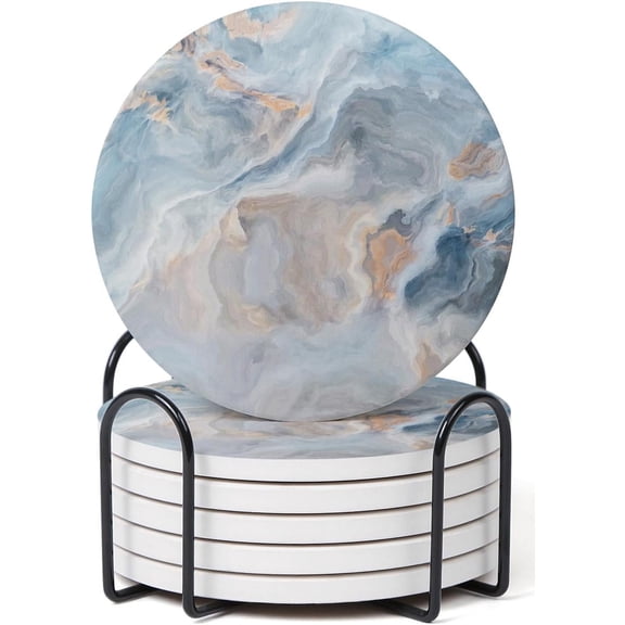Set of 6 Abstract Blue Marble Coasters with Holder, Absorbent Ceramic Coasters for Drinks, Coasters with Cork Backing for Table Protection,